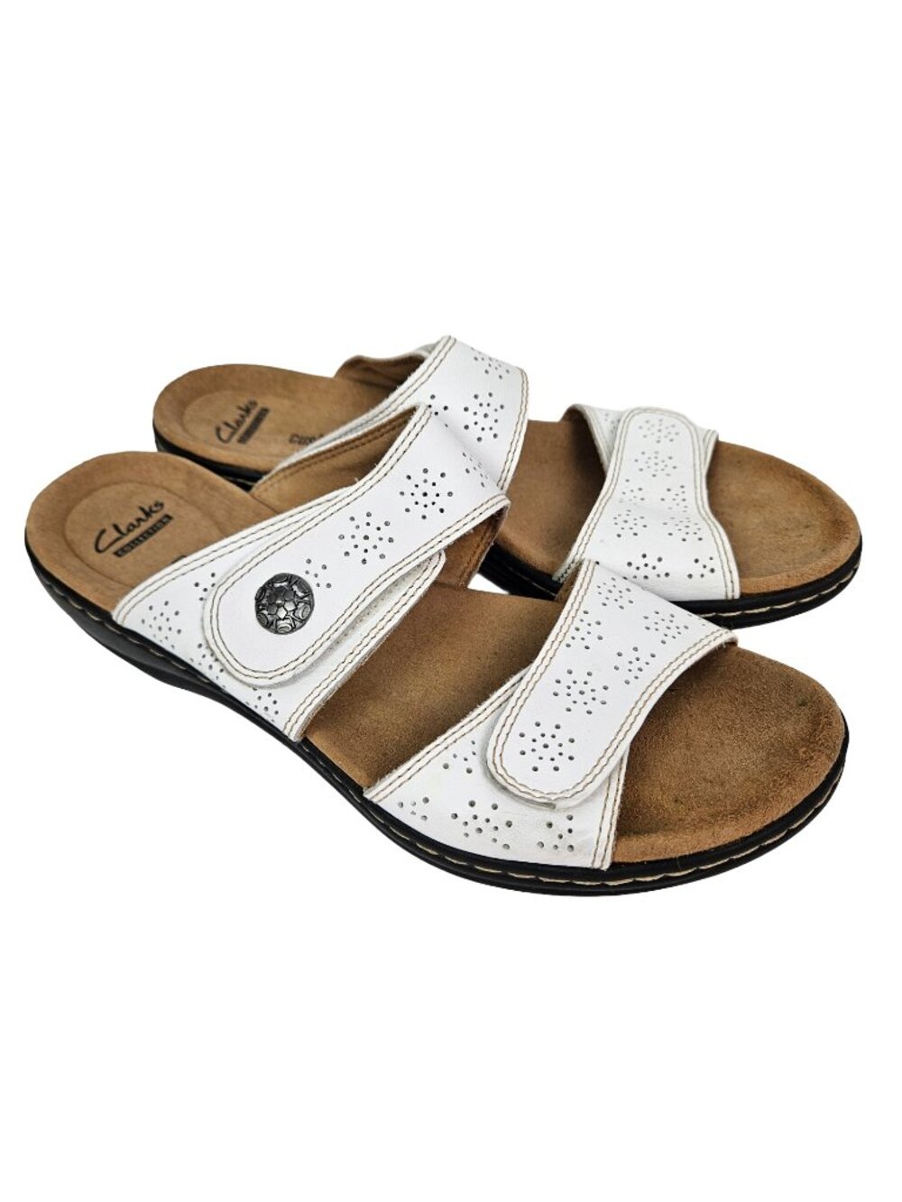 Clarks Leisa Lacole White Floral Perforated Leather 2 Strap Slide Sandal 9